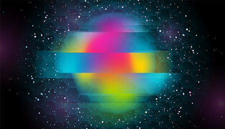 Holographic glitch sphere and shiny particles on hexagonal background. abstract geometric vector designのイラスト素材