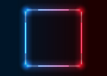 Abstract red blue neon square frame from fluorescent lamps. Sci fi retro vector designのイラスト素材