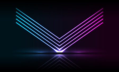 Blue ultraviolet neon laser arrows technology background. Futuristic glowing graphic vector designのイラスト素材