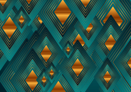 Turquoise rhombuses abstract background with golden linear pattern. Art deco ornament vector geometry designのイラスト素材