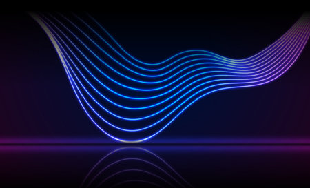 Blue ultraviolet neon waves with reflection. Abstract shiny technology retro background. Futuristic glow vector designのイラスト素材