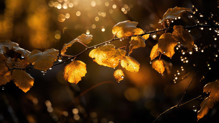 Golden orange autumn leaves with sparkling drops. Generative AI designの素材