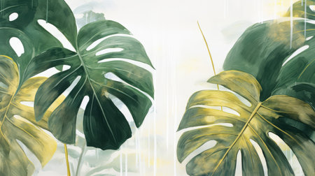 Green and yellow monstera leaves floral watercolor retro background. Generative AI designの素材