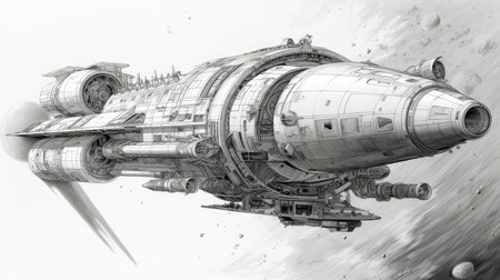 Pencil drawing of spaceship in space. Generative AI designの素材