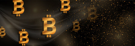 Black and luxury golden wavy abstract background with bitcoin signs. Vector banner designのイラスト素材