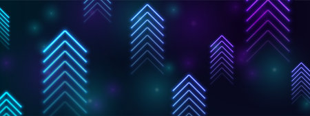 Bright blue violet abstract neon arrows tech banner design. Futuristic laser sci-fi vector backgroundのイラスト素材