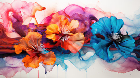 Colorful ink paint liquid flowers abstract background. Generative AI designの素材