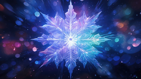 Big frozen crystal snowflake blue purple background. Generative AI designの素材
