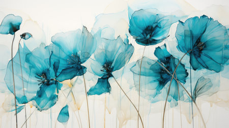 Blue ink paint liquid flowers abstract background. Generative AI designの素材