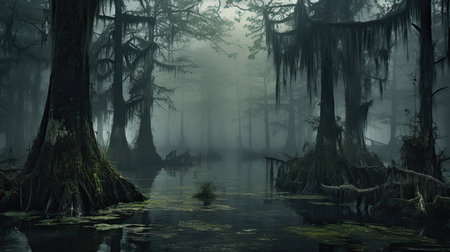 Mystical swamp in an ominous fog. Fantasy background. Generative AI designの素材