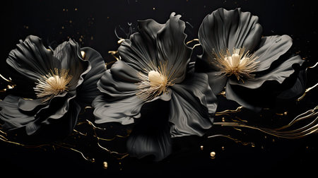 Black liquid flowers abstract minimal background. Generative AI designの素材