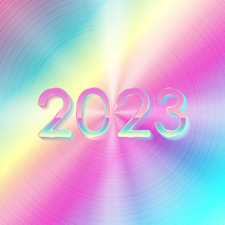 Glossy New Year 2023 lettering and holographic background. Vector design