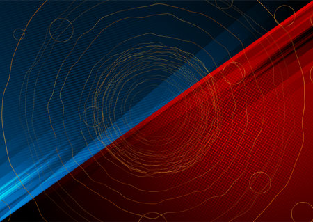Contrast red and blue background with abstract golden wavy circles. Vector designのイラスト素材