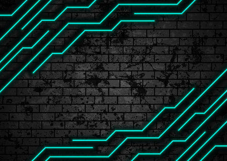 Turquoise neon technology lines on brick grunge wall. Abstract vector backgroundのイラスト素材
