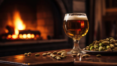 Glass of beer and pistachios on background of burning fireplace. Generative AI designの素材
