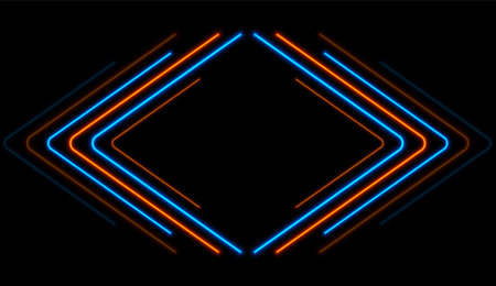 Bright blue orange abstract neon arrows tech graphic design. Futuristic laser sci-fi vector backgroundのイラスト素材