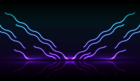 Blue ultraviolet neon laser wavy lines technology background. Futuristic glowing graphic vector designのイラスト素材