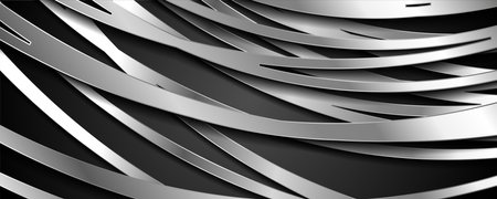 Silver metallic waves on dark background. Geometric concept vector designのイラスト素材