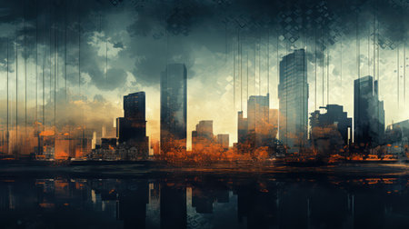 Grunge urban city at sunset abstract background. Generative AI designの素材
