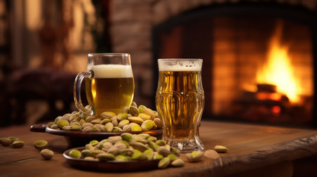 Glasses of beer and pistachios on background of burning fireplace. Generative AI imageの素材