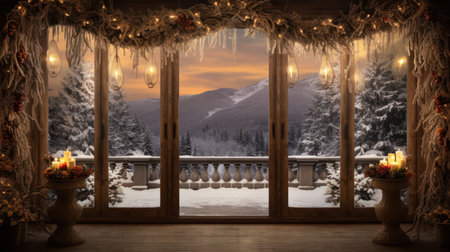 Cozy room with Christmas decor and winter landscape. Generative AI imageの素材