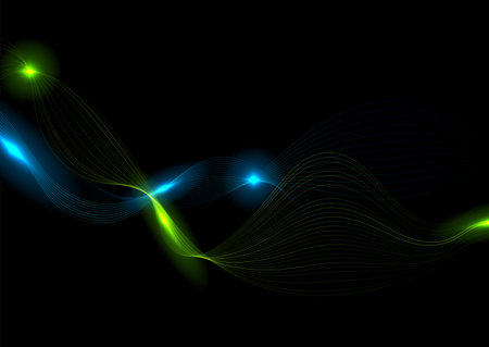 Green and blue minimal wavy lines with glowing lights abstract futuristic tech background. Vector digital art designのイラスト素材