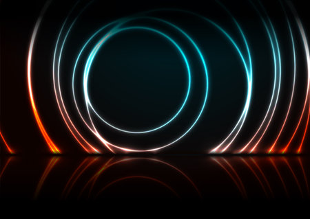 Orange blue neon circles abstract technology background. Futuristic glowing vector designのイラスト素材