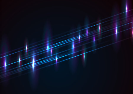 Blue purple neon laser lines abstract glowing background. Technology vector designのイラスト素材