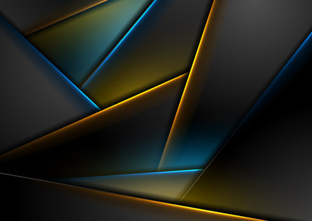 Abstract black background with orange blue neon glowing stripes. Vector technology designのイラスト素材