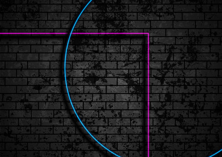 Blue violet geometric lines on black brick grunge wall. Abstract vector backgroundのイラスト素材