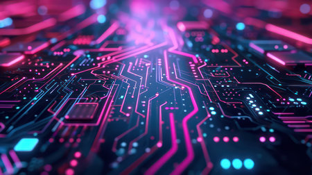 Glowing purple neon circuit board chip tech background. Generative AI designの素材
