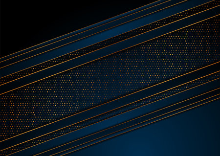 Dark blue stripes and golden dots abstract tech geometric background. Luxury glitter concept vector designのイラスト素材