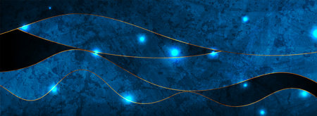 Blue and golden shiny waves with glowing lights abstract background. Vector banner designのイラスト素材