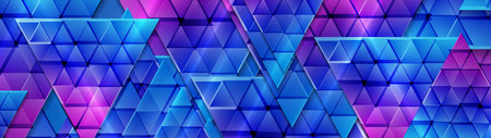 Blue purple glossy triangles abstract technology background. Geometric low poly vector banner designのイラスト素材