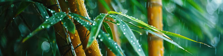 Vivid green bamboo stems with raindrops. Generative AI imageの素材