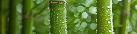 Vivid green bamboo stems with raindrops. Generative AI imageの素材