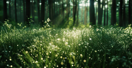 Lush green grass on meadow with drops of water dew in shining light. Generative AI imageの素材