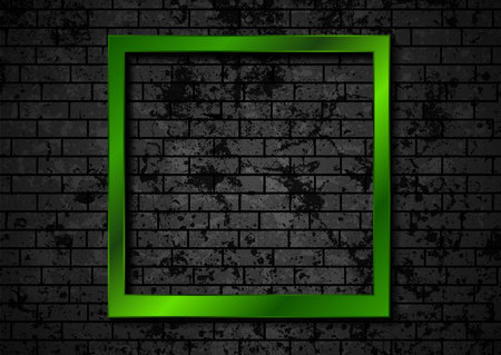 Green minimal glossy frame on black brick grunge wall. Abstract vector backgroundのイラスト素材