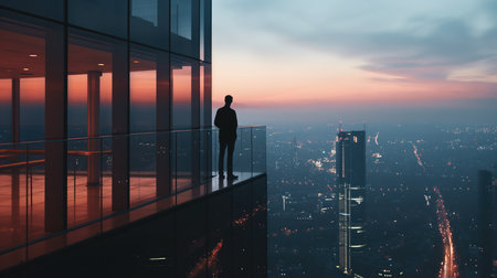 Man in contemporary building with city view. Generative AI imageの素材
