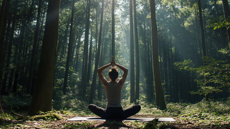 Young girl does yoga in the forest. Generative AI imageの素材