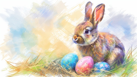 Abstract sketch drawing with Easter rabbit and eggs. Generative AI designの素材