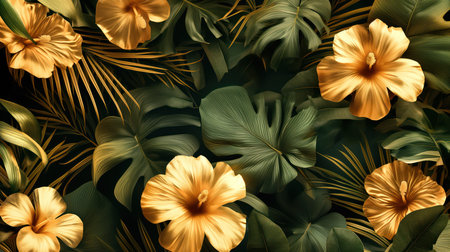Monstera green leaves and golden flowers. Generative AI drawingの素材