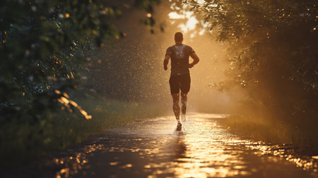 Young man is running on road in the forest. Generative AI imageの素材