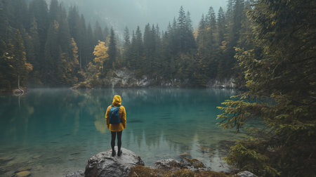 Person with tourist backpack and forest lake. Generative AI imageの素材