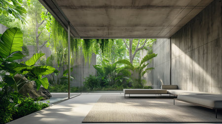 Concrete and glass minimal loft interior and tropical garden. Generative AI imageの素材