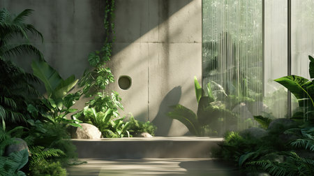 Concrete walls and green plants abstract background.. Generative AI imageの素材
