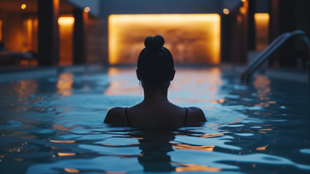 Young girl in swimming pool in spa. Generative AI imageの素材