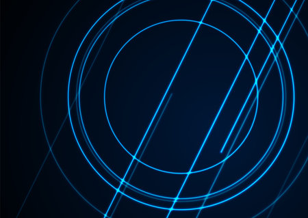 Blue neon lines and circles abstract technology background. Futuristic glowing vector designのイラスト素材