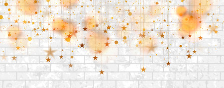 Glowing golden hanging stars and shiny particles abstract background. White brick wall vector graphic banner grunge designのイラスト素材