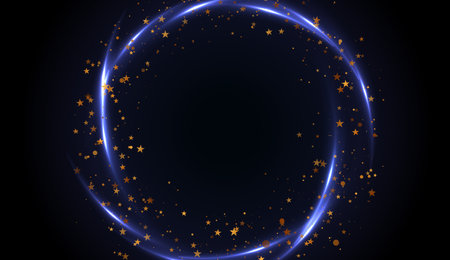 Glowing violet circle and shiny sparkling stars and dots abstract background. Retro neon luxury abstraction. Bright luminous vector backdropのイラスト素材